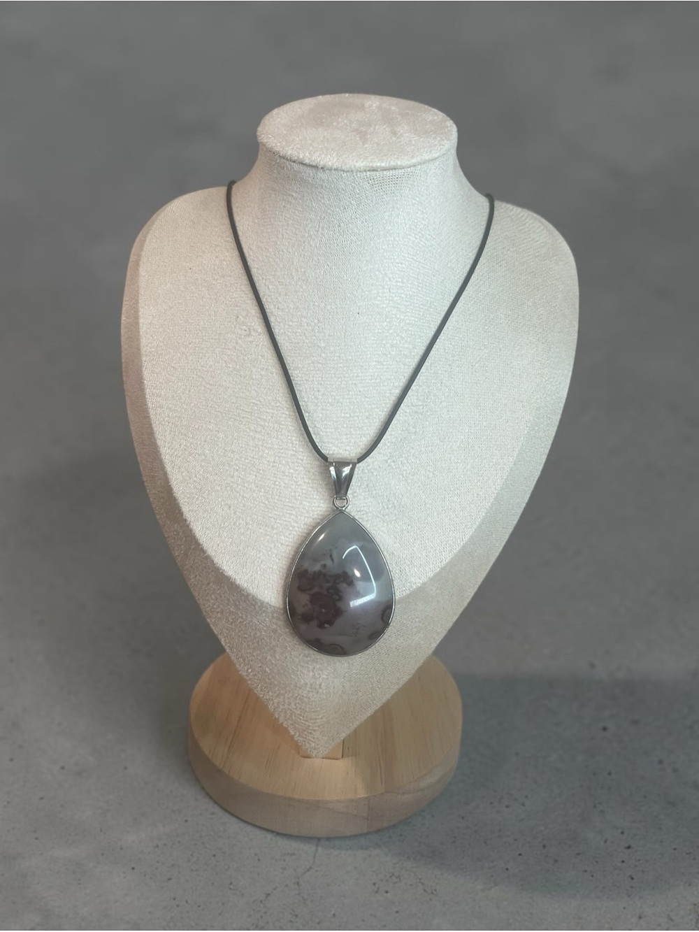 Genuine Chocolate Jasper Stone Teardrop Pendant Necklace with Black Chord